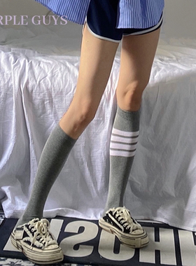tb条纹带标过膝及膝小腿袜子jk春秋灰色甜美日系ins瘦腿长筒棉袜