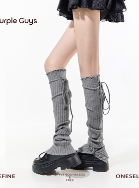 purpleguys灰色堆堆袜套女冬保暖格雷系堆堆袜纽扣绑带显瘦小腿套