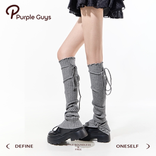 purpleguys灰色堆堆袜套女冬保暖格雷系堆堆袜纽扣绑带显瘦小腿套