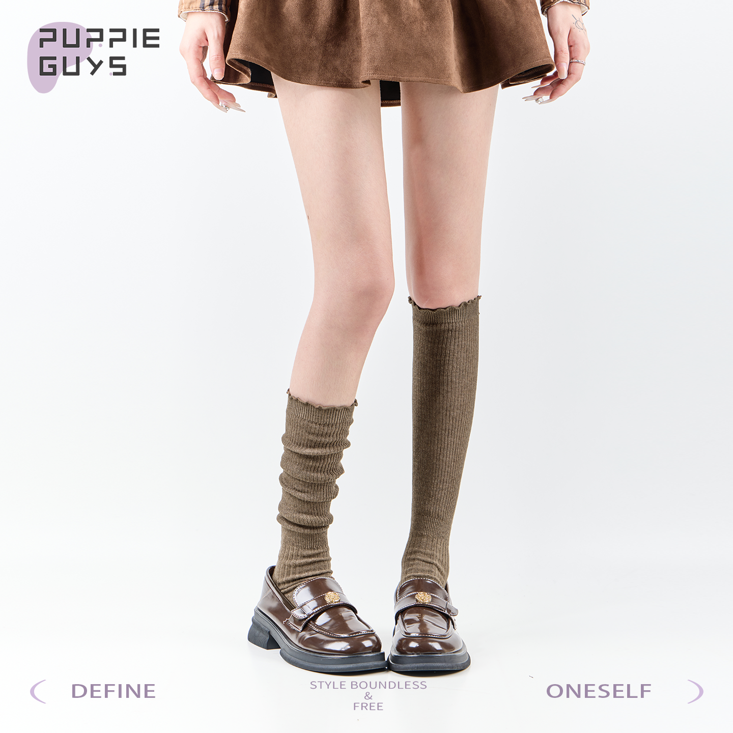 美拉德咖色花边小腿堆堆袜配皮鞋