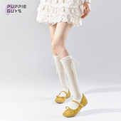 purpleguys白色小腿袜子少女夏季 薄款 花边泡泡口蝴蝶结日系堆堆袜