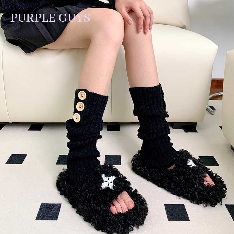 纯色纽扣袜套女款针织堆堆袜