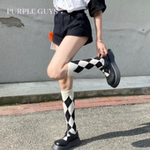 purpleguys学院风菱格袜子女春秋百搭纯棉压力黑白格子长袜小腿袜