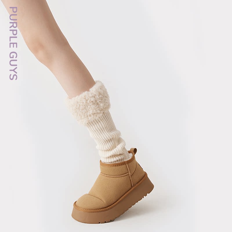 purpleguys羊绒白色袜套女秋冬款竖条纹羊羔毛针织保暖堆堆小腿套