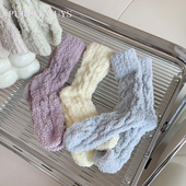 purple guys纯色麻花珊瑚绒袜子女秋冬季 加厚保暖日系地板中筒袜