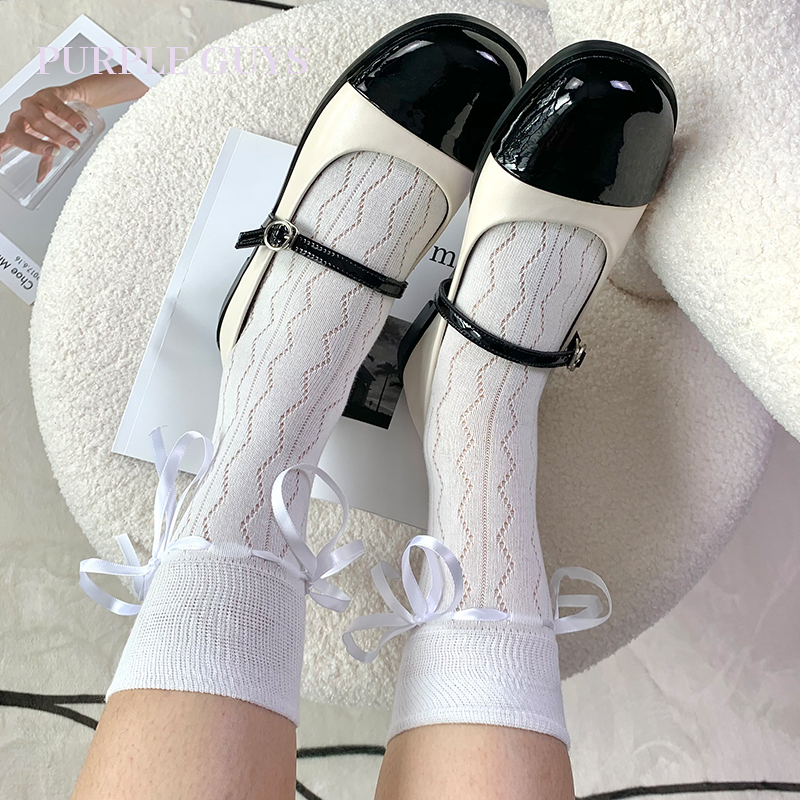 蝴蝶结镂空系带甜美袜子