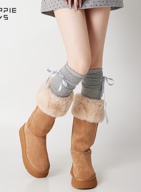 purpleguys灰色小腿袜子女秋冬蝴蝶结甜美学院风jk韩系百搭及膝袜