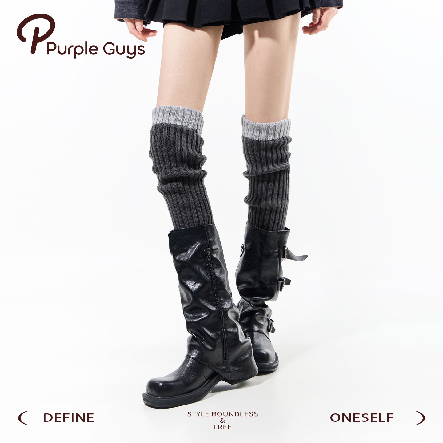 purpleguys韩系过膝袜套女冬加厚保暖配靴子拼接灰色堆堆小腿套