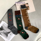 purple guys复古亮丝提花袜子女春秋纯棉显瘦小腿袜及膝长筒潮袜
