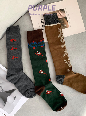 purple guys复古亮丝提花袜子女春秋纯棉显瘦小腿袜及膝长筒潮袜