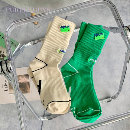 韩国ader潮流百搭春夏街头嘻哈运动情侣中筒纯棉滑板绿色长筒袜子