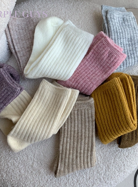 purple guys竖条羊毛袜子女冬季加厚纯棉日系ins中筒袜保暖地板袜