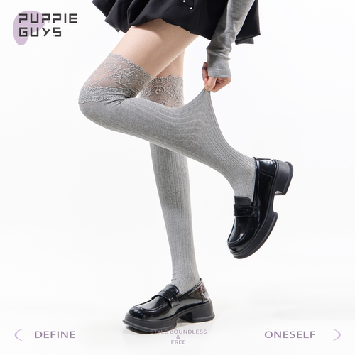 灰色蕾丝花边过膝袜子女长筒袜