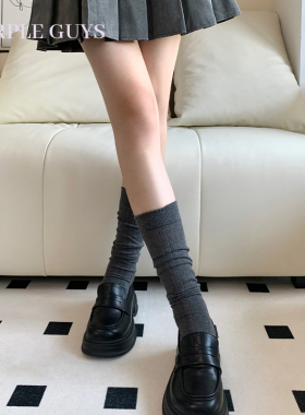 purpleguys竖条纹灰色堆堆袜子女春夏季百搭日系jk显瘦纯棉小腿袜