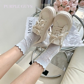 purpleguys奶油少女木耳边中筒袜女夏季 薄款 透气镂空甜美日系短袜