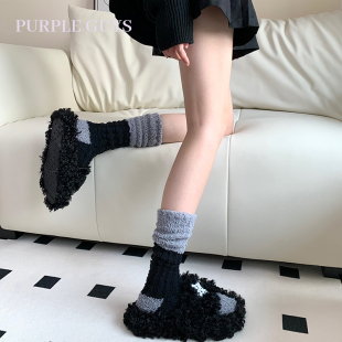 珊瑚绒拼色堆堆袜子女秋冬保暖加厚设计感居家可爱毛绒日系小腿袜