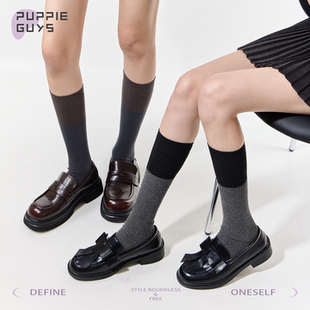 purpleguys纯棉拼色小腿袜子女秋冬竖纹显瘦韩系学院风灰色长筒袜