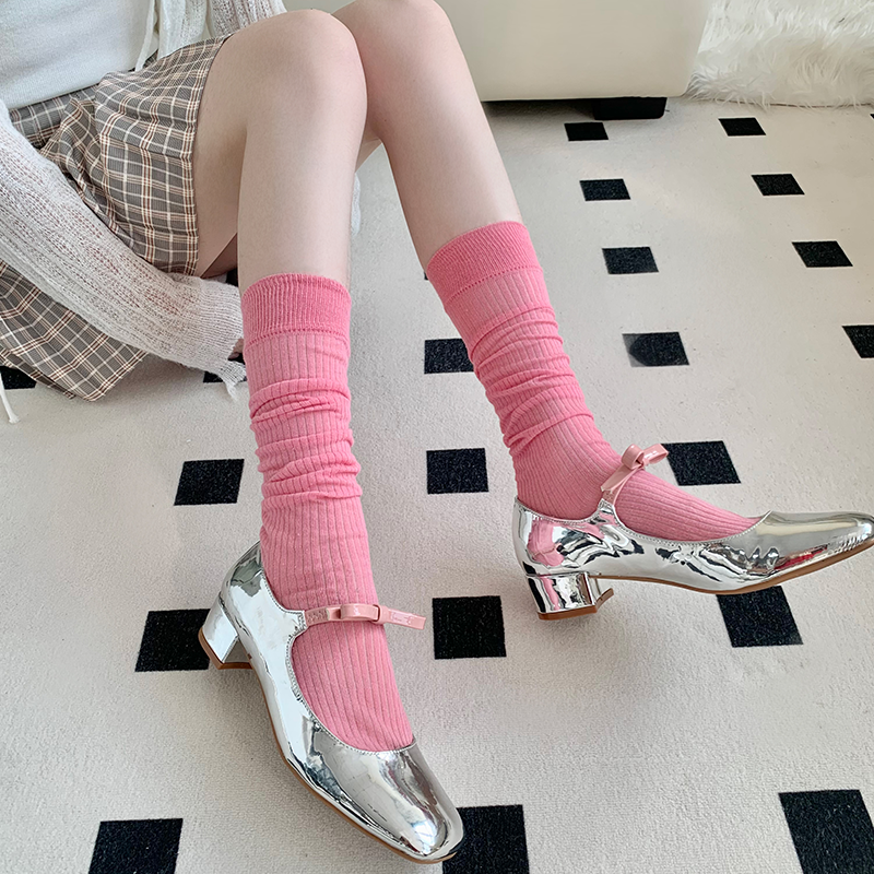 竖条粉色堆堆袜子女夏季薄款