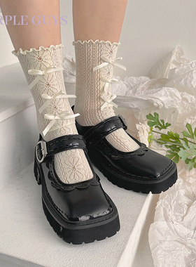 purple guys蝴蝶结镂空蕾丝袜子女夏季超薄款木耳边日系jk中筒袜