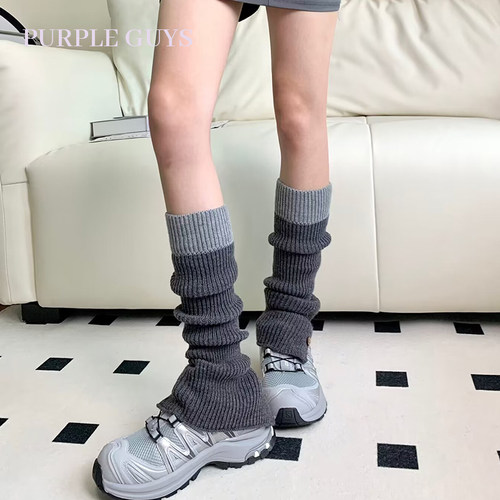 纽扣拼色堆堆袜套女毛线腿套