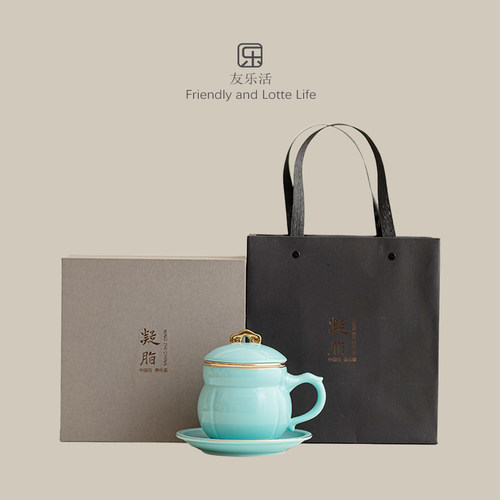 高档茶水分离杯描金陶瓷水杯办公杯伴手礼企业银行学校活动纪念品