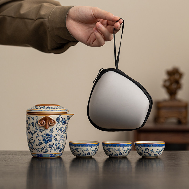 汝窑旅行茶具开片纹路一壶二杯图片