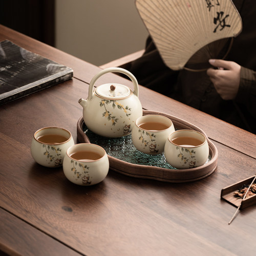 开片米黄汝窑茶壶礼盒装一壶二杯高档汝瓷茶具轻奢提梁壶伴手礼