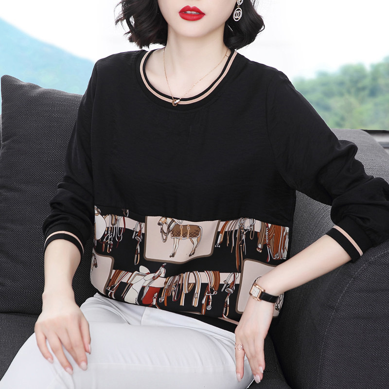 雪纺女上衣2020年秋装新款大码宽松遮肚小衫中年妈妈早秋长袖t恤