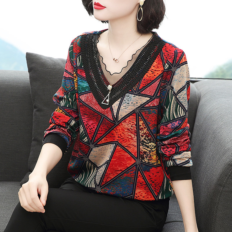 2020秋装新款长袖t恤女上衣蕾丝宽松遮肚打底衫中年妈妈高档洋气