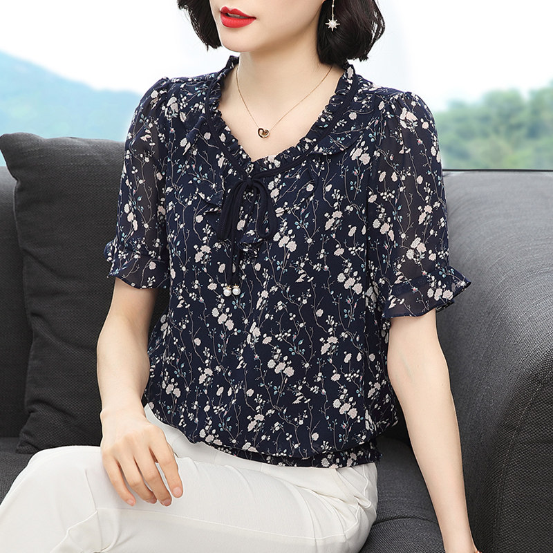 雪纺衫女碎花短袖2020年夏季新款洋气百搭宽松中年妈妈遮肚子上衣
