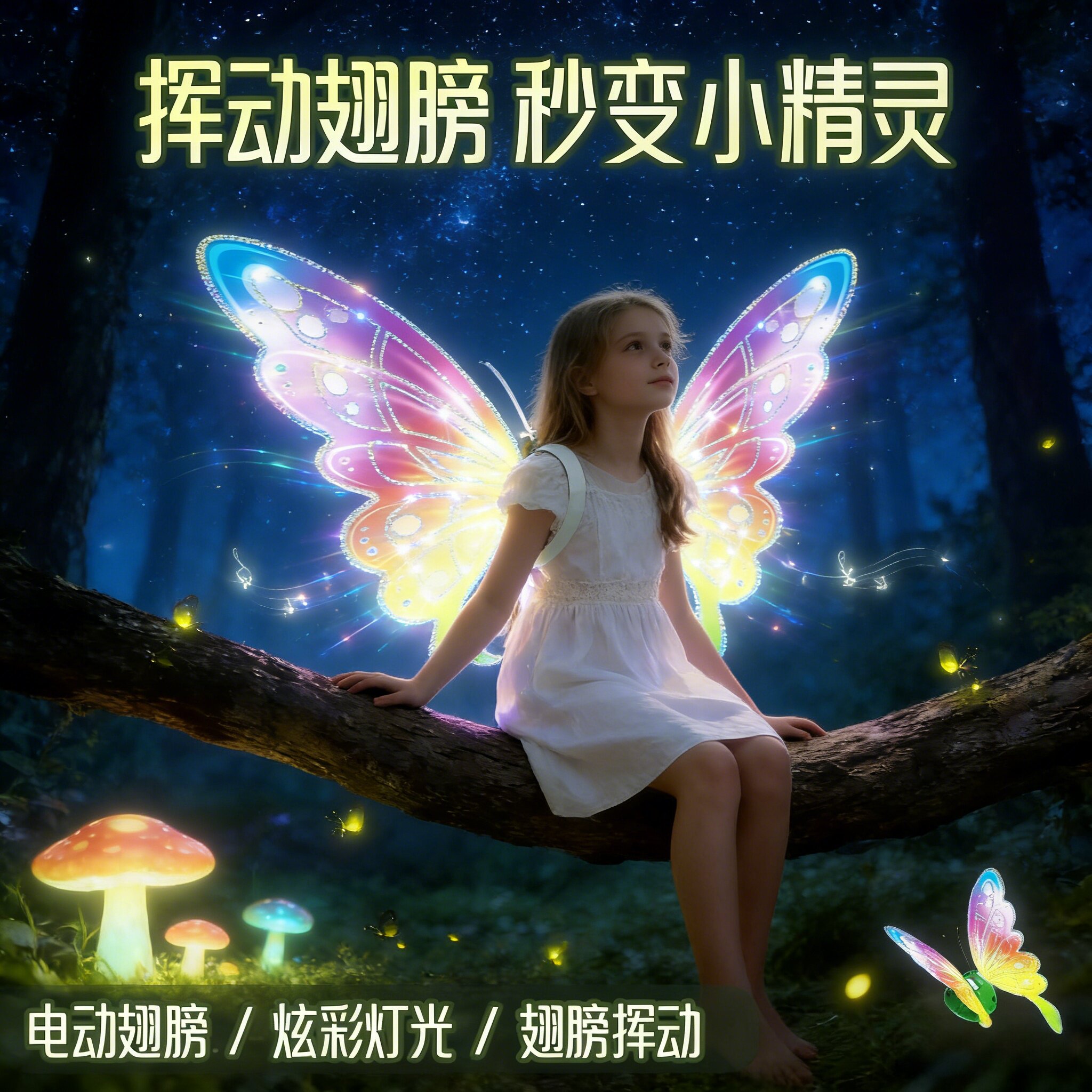电动蝴蝶翅膀儿童发光玩具夜场演出梦幻炫彩灯光道具