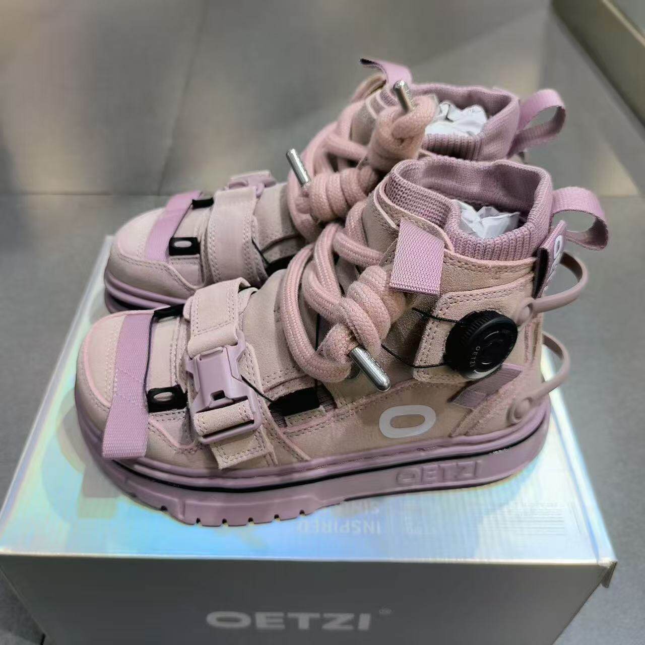 OETZI粉色高帮鞋女休闲厚底交叉绑带机能风丑萌鞋