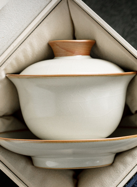 米黄汝窑可悬停浮单个开片不烫手高档三才家用陶瓷泡茶碗功夫茶具