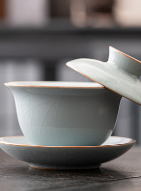 汝窑三才盖碗可悬停浮泡茶碗不烫手功夫茶具家用高陶瓷档单个茶杯