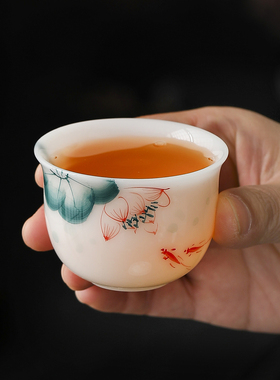 手绘冰种璞玉品茗杯泡茶杯羊脂玉主人杯高端个人专用陶瓷功夫茶具