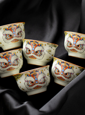 汝窑米黄复古醒狮陶瓷茶杯家用喝茶器具高档国潮客杯品茗杯主人杯