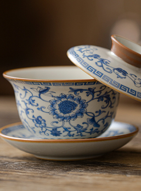 米黄汝窑青花三才盖碗单个高档悬停旋转泡茶杯陶瓷不烫手功夫茶具