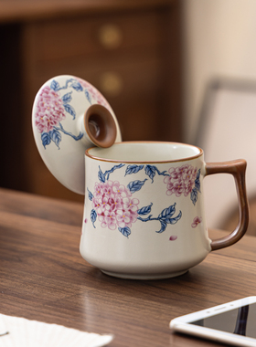 汝窑马克杯绣球花大号茶杯个人专用陶瓷喝茶杯单杯水杯咖啡杯茶具