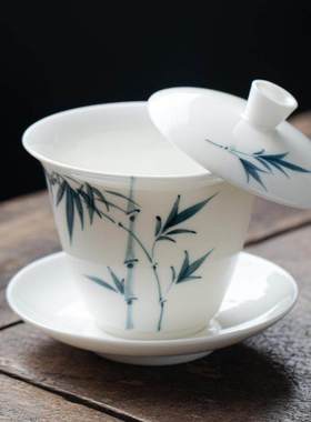 手绘羊脂玉三才盖碗悬停浮白瓷泡茶杯陶瓷单个家用喝茶碗薄胎茶具