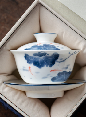 手绘羊脂玉三才盖碗白瓷高档泡茶碗茶杯德化陶瓷小号单人茶具套装