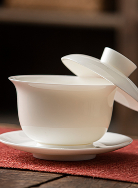 羊脂玉白瓷悬停旋转三才盖碗家用单个高档泡茶碗不烫手茶杯功夫具