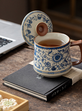 汝窑青花缠枝莲马克杯陶瓷带盖茶杯办公室水杯大容量喝茶杯子茶具