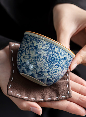 老陶泥青花陶瓷主人杯茶杯单杯品茗杯茶盏茶碗功夫茶具个开片可养