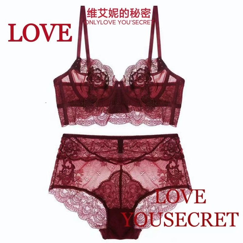 维艾妮的秘密红色本命年性感蕾丝内衣女镂空超薄聚拢大码文胸套装