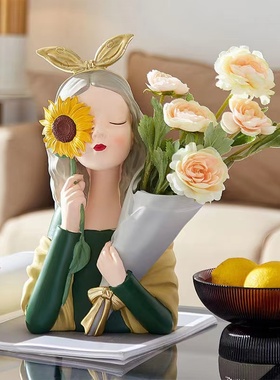 向日葵捧花女孩餐桌店铺花店装饰