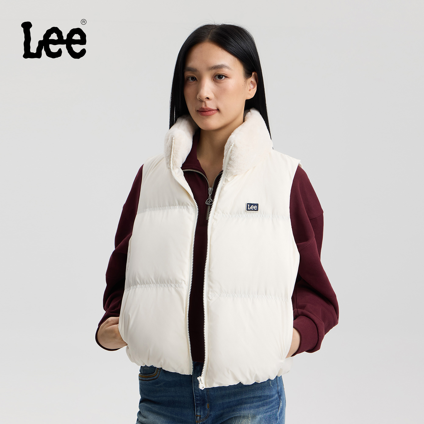 Lee商场同款25秋冬新品舒适版人造毛立领女短款羽绒服背心双色
