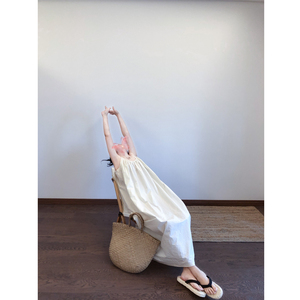 复述细支高密长绒棉一片式皱布连衣裙 素色中长款褶皱吊带裙