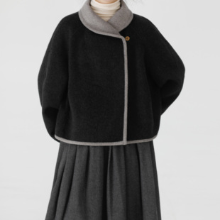 复述 一粒扣小翻领黑灰拼浅灰领短款文艺风双面呢短大衣毛呢外套