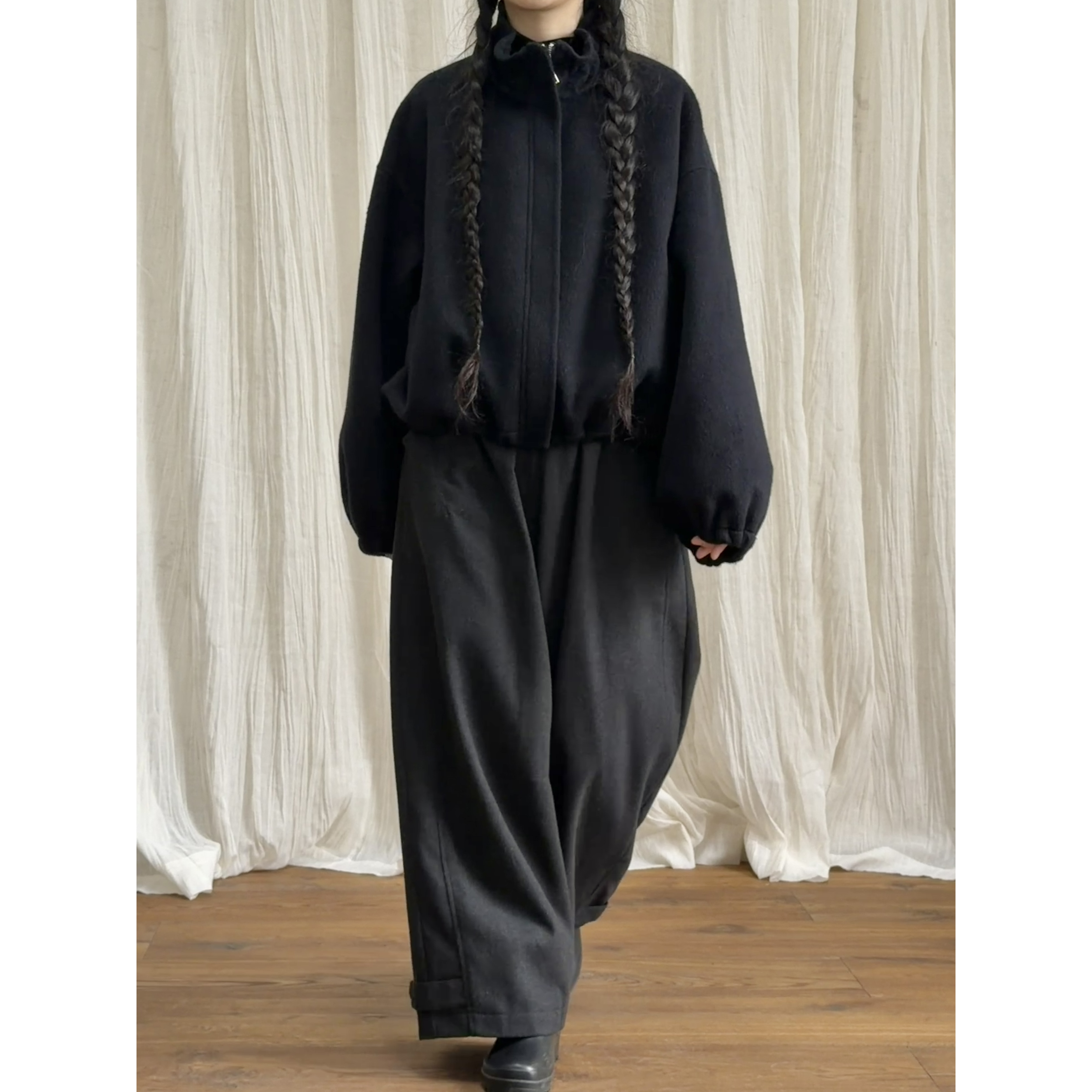 复述藏青苏力羊驼绒羊毛混纺短大衣 秋冬新品休闲立领文艺外套