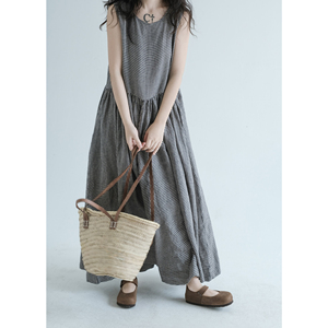 复述色织亚麻超大摆宽松无袖背心裙 新款舒爽透气格子连衣裙